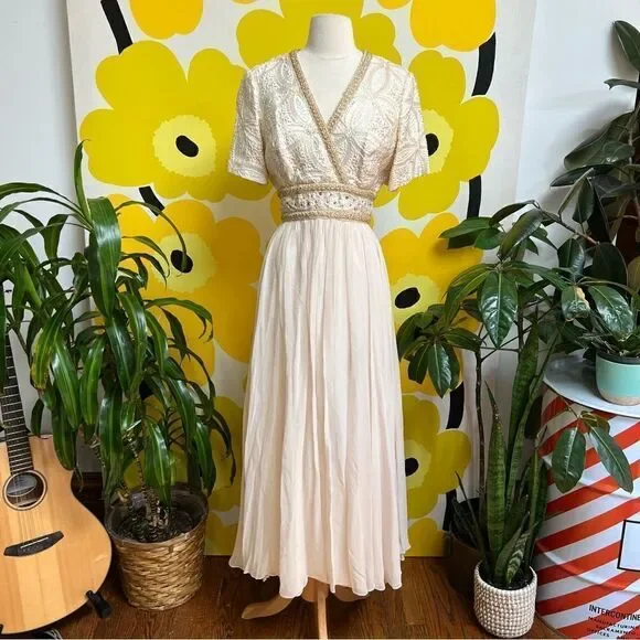 Dreamy 1960s Cream Metallic Embroidered Grecian Goddess Flowy Empire Waist Gown Dreamy 1960s Cream Metallic Embroidered Grecian Goddess Flowy Empire Waist Gown
